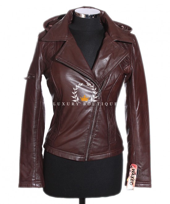 Naomi Brown Ladies Military Style Cross Zip Detachable Hood Smart Double Breasted Lambskin Leather Fashion Hooded Jacket