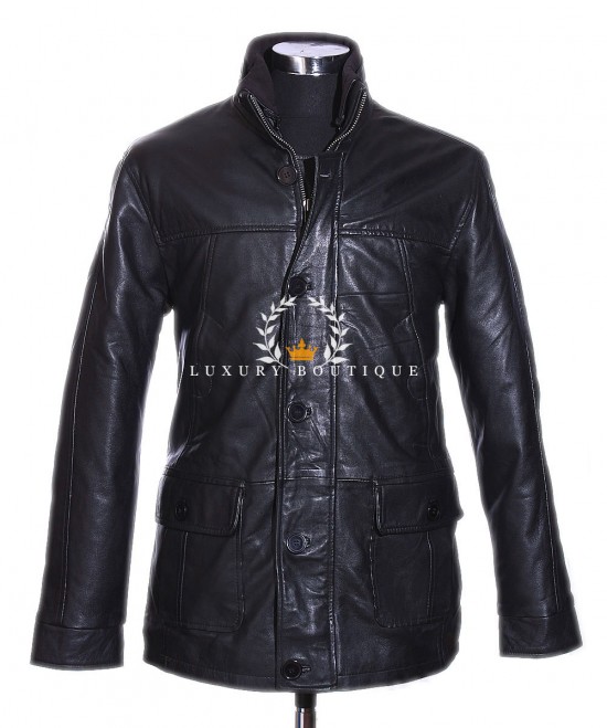 Travis Black Men's Military Style Designer Real Italian Lambskin Leather Winter Fashion Coat