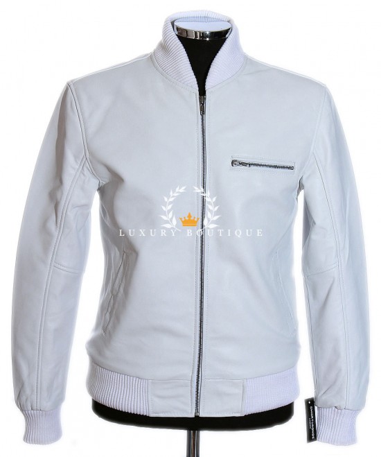 Dallas White Men's Classic Bomber Baseball Style Real Italian Lambskin Leather Winter Fashion Jacket