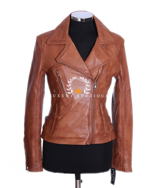 Teresa Tan Ladies Biker Style Double Breasted Designer Real Italian Lambskin Leather Fashion Jacket