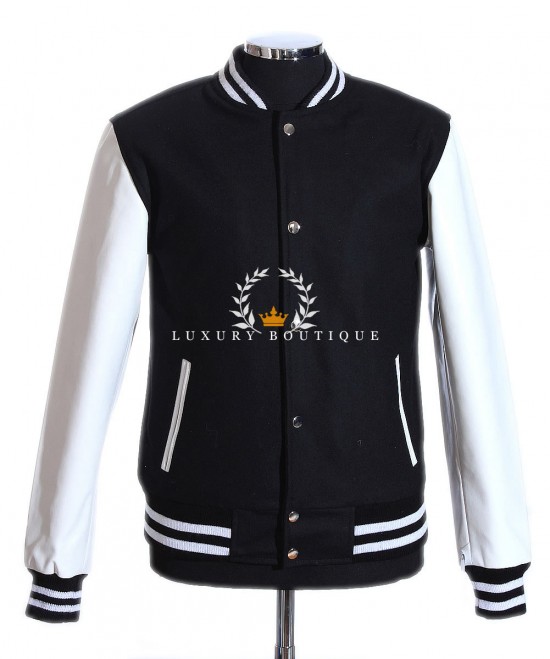 Men's Varsity Baseball Black Wool Body with White Lambskin Leather Sleeves Bomber Jacket