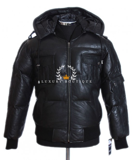 Pilot 6 Puffer Black Men's Detachable Hood Real Soft Lambskin Leather Winter Bomber Jacket
