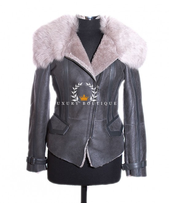 Prestige Eleanor Grey Ladies Women's Military Style Real Beige Marino Shearling Sheepskin Wool with Toscana Fur Collar Leather Fashion Winter Coat