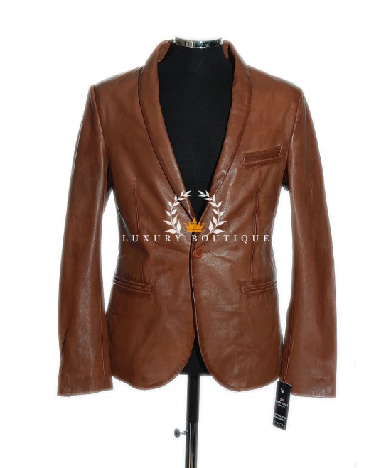 Charlie Tan Men's One Button Smart Casual Real Italian Washed Lambskin Leather Formal Blazer Jacket
