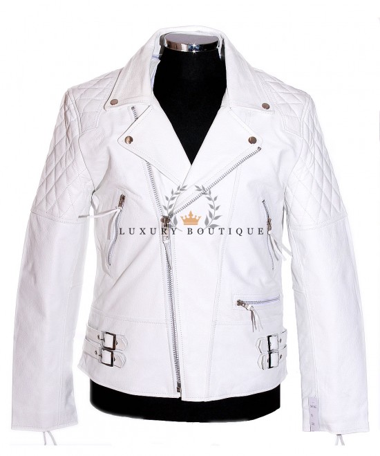 Outlaw White Men's Biker Cruiser Style Real Vintage Cowhide Leather Motorcycle Fashion Winter Jacket