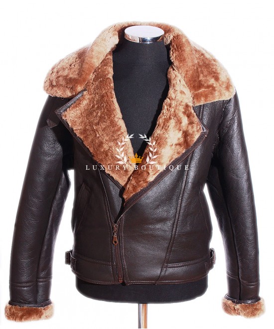 Men's Aviator Cross Zip Brown / Ginger Classic WW2 Real Merino Shearling Sheepskin Wool With Lambskin Leather Finish Winter Fashion Jacket