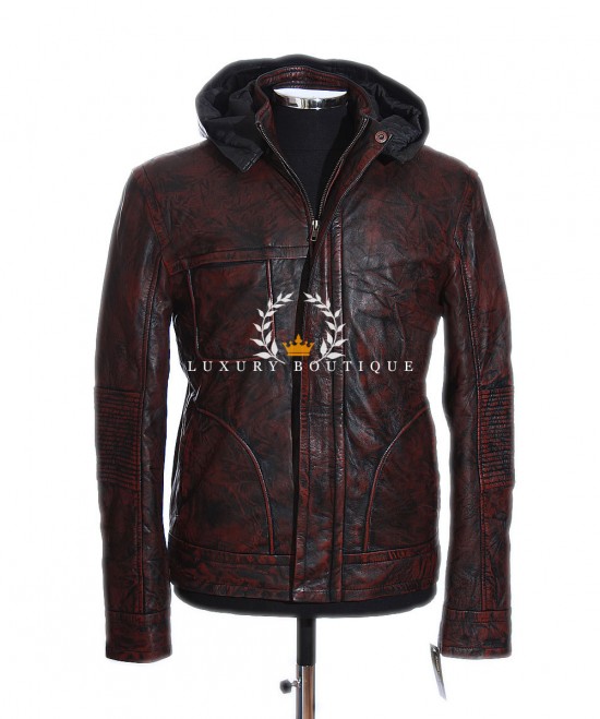 Ghost Protocol Men's Mission Impossible Antique Brown Detachable Hood Italian Washed Lambskin Leather Movie Film Hooded Fashion Jacket