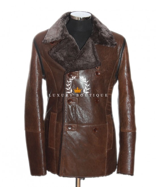 German Navy Brown Glazed Men's Military Style Smart Casual Double Breasted Real Merino Shearling Sheepskin Wool Winter Leather Coat