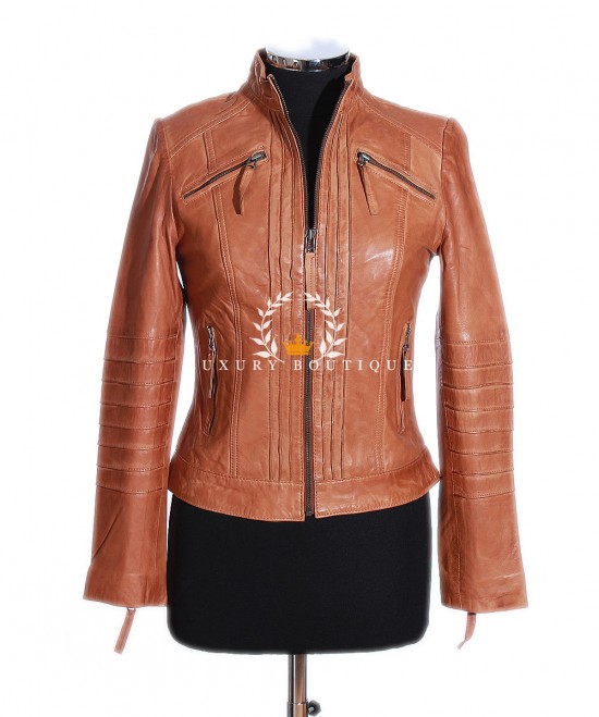 Sydney Tan Ladies Biker Style Retro Designer Real Vintage Italian Lambskin Leather Short Fashion Jacket