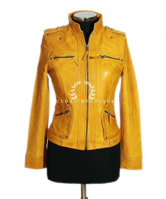 Ashley Yellow Ladies Biker Style Retro Designer Real Vintage Italian Lambskin Leather Fashion Jacket