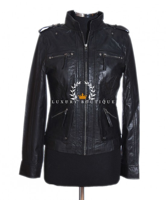 Ashley Black Ladies Biker Style Retro Real Vintage Italian Lambskin Leather Fashion Jacket