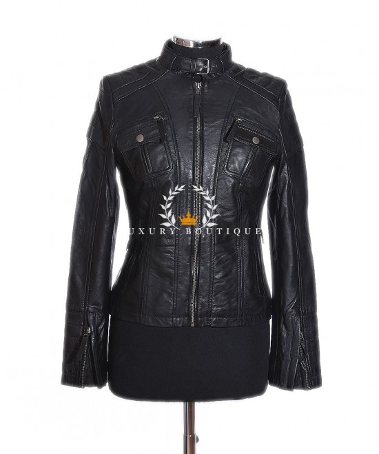 Julia Black Ladies Biker Style Retro Real Vintage Italian Lambskin Leather Fashion Jacket
