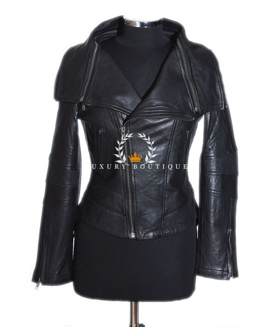Ladie's Anita Black Biker Style Fashion Real Lamsbkin Leather Jacket