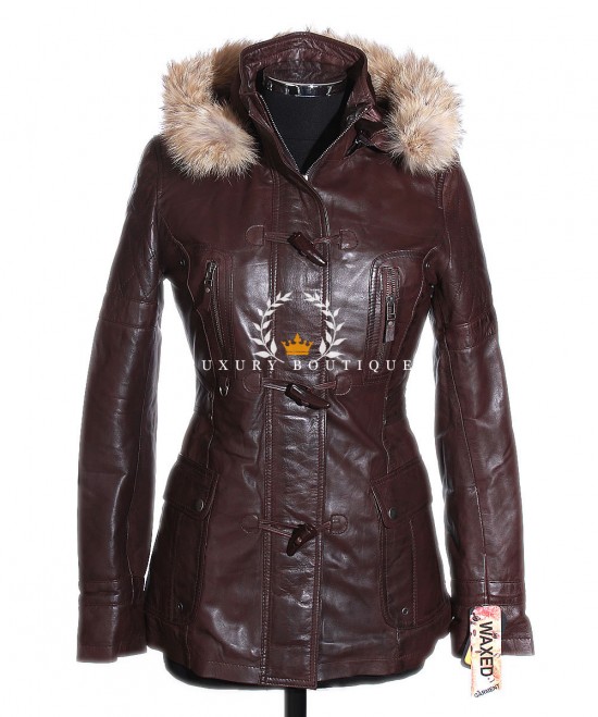 Envy Brown Ladies Safari Style Detachable Fur Hood Designer Real Italian Quilted Lambskin Leather Hooded Duffle Coat