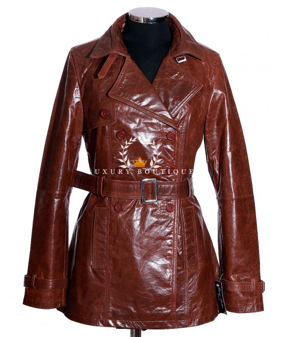 Victoria Tan Ladies Double Breasted Smart Casual Designer Real Cowhide Glazed Leather Fashion Trench Coat