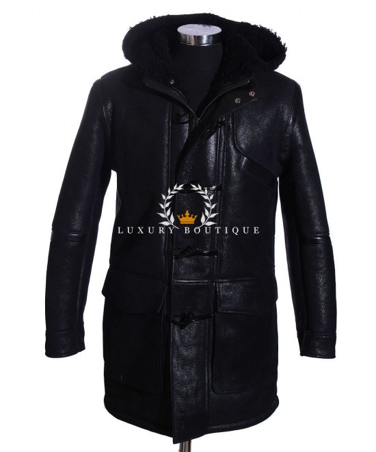 Mafia Black Men's Hooded Real Merino Shearling Sheepskin Wool With Lambskin Leather Finish Winter Duffle Coat