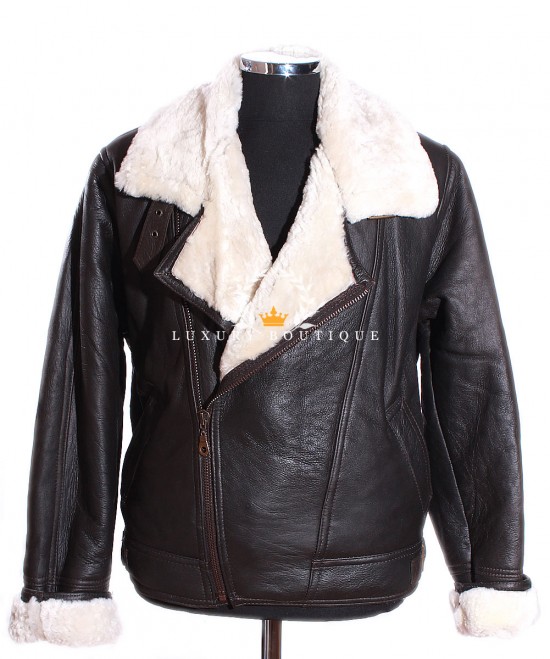 Men's Aviator Cross Zip Black / White Classic WW2 Real Merino Shearling Sheepskin Wool With Lambskin Leather Finish Winter Fashion Jacket