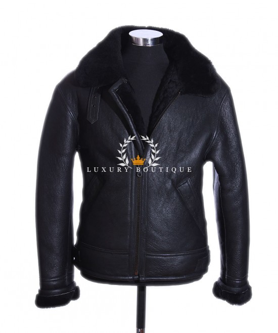 Men's Classic B3 Bomber Black WW2 Real Merino Shearling Sheepskin Wool With Lambskin Leather Finish Winter Fashion Jacket