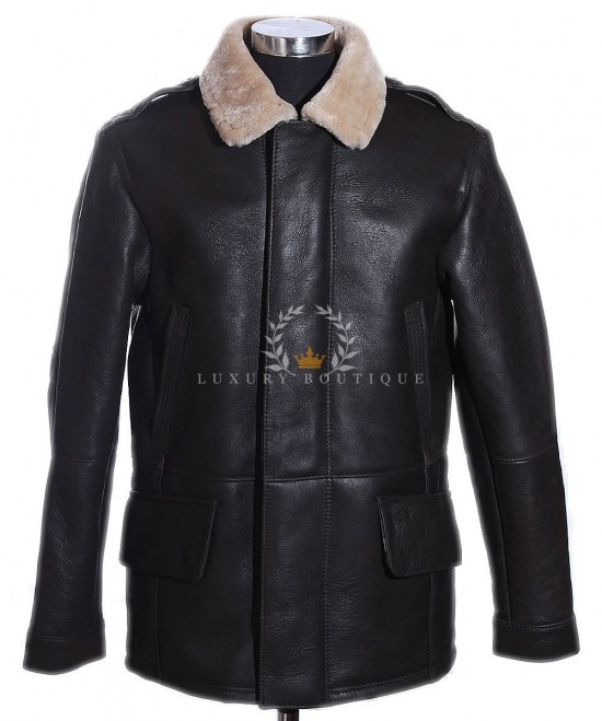 German Bundeswehr Men's Military Style Brown / Beige Real Shearling Sheepskin Leather Winter Pea Coat