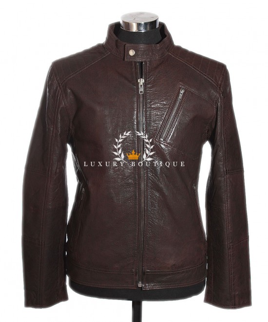 Rider Brown Men's Classic Biker Style Ribbed Shoulders Real Vintage Lambskin Leather Fashion Jacket