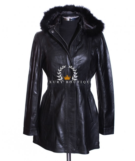 Juliet Black Ladies Women's Detachable Fur Hood Military Style Knee Length Smart Casual Designer Winter Real Lambskin Leather Parka Coat