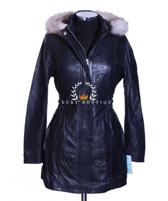 Juliet Blue Ladies Women's Detachable Fur Hood Military Style Knee Length Smart Casual Designer Winter Real Lambskin Leather Parka Coat