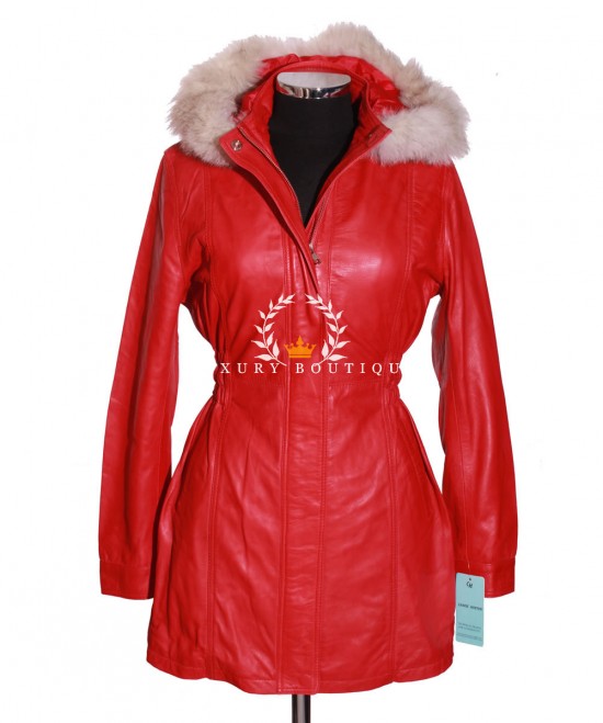Juliet Red Ladies Women's Detachable Fur Hood Military Style Knee Length Smart Casual Designer Winter Real Lambskin Leather Parka Coat