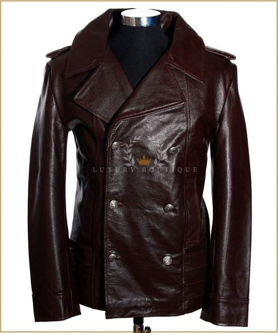 German Naval Brown Men's New Military WW2 Real Cowhide Leather Jacket Pea Coat