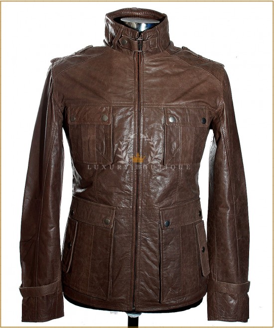 Hunter Khaki Brown Men's Classic Safari Style Real Vintage Cowhide Leather Fashion Jacket