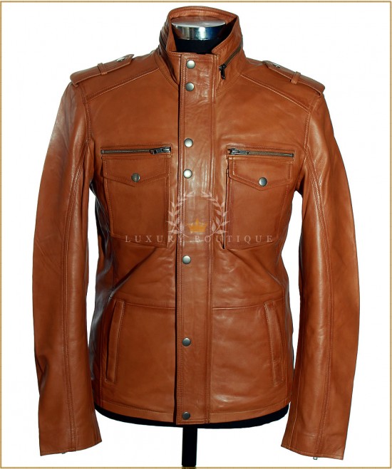 BANDIT Tan Men's Classic Safari Style Real Soft Lambskin Leather Fashion Jacket
