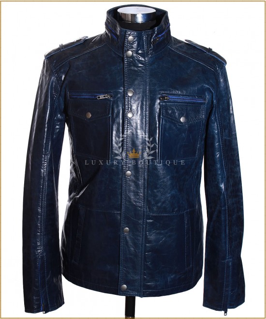 BANDIT Blue Glazed Men's Classic Safari Style Real Washed Cowhide Leather Fashion Jacket