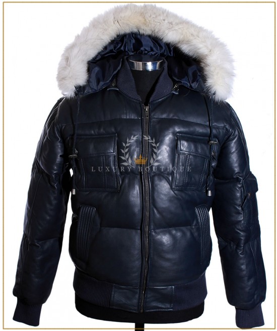 Pilot 6 Lockheed Puffer Blue Men's New Detachable Fur Hooded Real Soft Lambskin Leather Winter Bomber Jacket