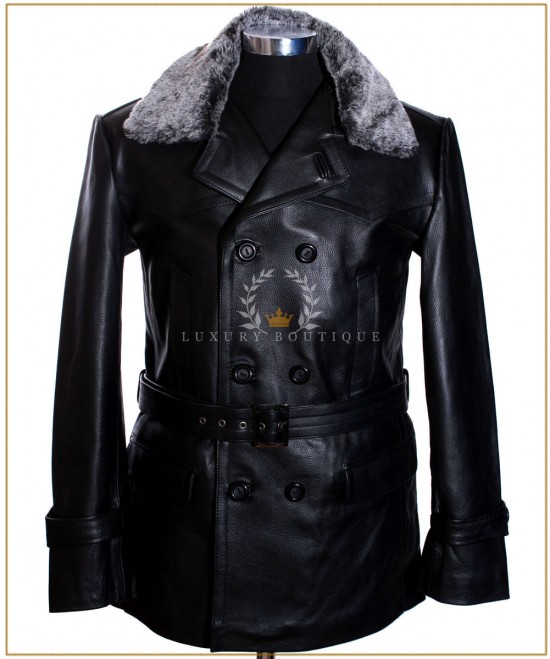 Kriegsmarine Black Men's New Detachable Fur Collar German U-Boat WW2 Real Cowhide Leather Belted Deck Jacket Pea Coat