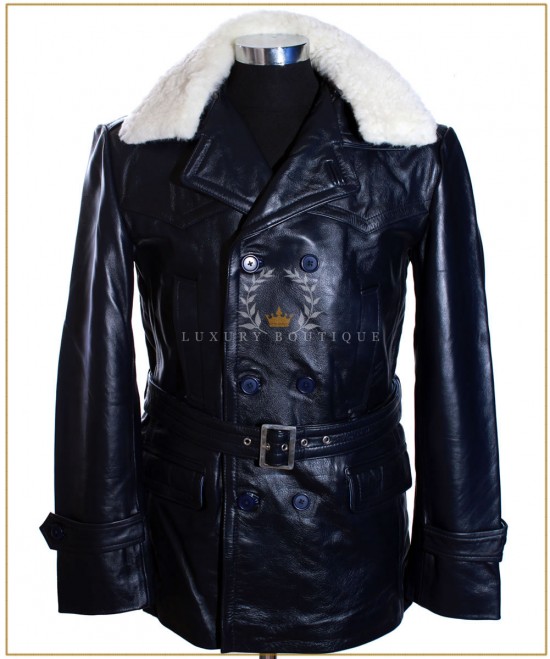 Kriegsmarine Navy Blue Men's New Detachable Fur Collar German U-Boat WW2 Real Cowhide Leather Belted Deck Jacket Pea Coat