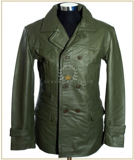 Kriegsmarine Army Green Men's German Military U-Boat WW2 Real Cowhide Leather Deck Jacket Winter Pea Coat