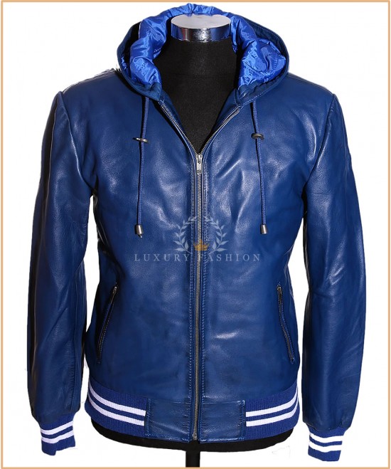 Boston Navy Blue / White Stripes Men's Baseball Style Hooded Bomber Real Italian Lambskin Leather Winter Fashion Jacket