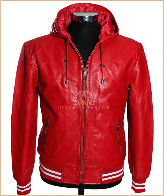 Boston Red / White Stripes Men's Baseball Style Hooded Bomber Real Italian Lambskin Leather Winter Fashion Jacket