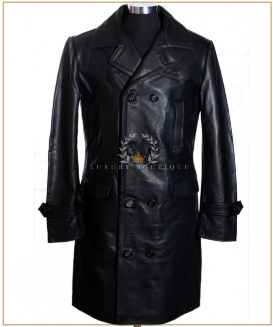 U-BOAT Black Men's Knee Length WW2 German Kriesgmarine Military Cowhide Leather Long Winter Coat