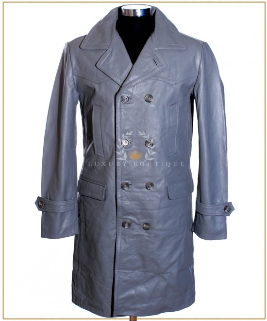 U-BOAT Grey Men's Knee Length WW2 German Kriesgmarine Military Style Real Cowhide Leather Long Winter Coat