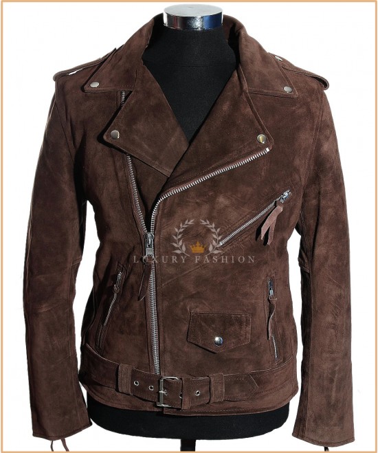 Brando Brown Men's Classic Biker Style Cruiser Double Breasted Cross Zip With Belt Real Cowhide Suede Leather Motorcycle Fashion Jacket