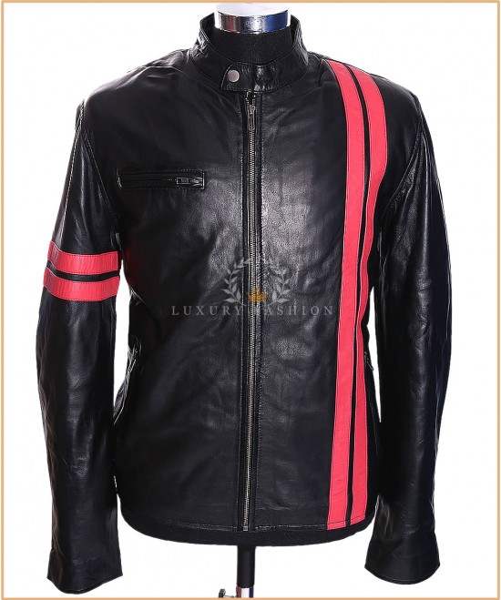 Driver Black / Red Stripes Men's Biker Style Retro Real Italian Lambskin Leather Movie Film Fashion Jacket