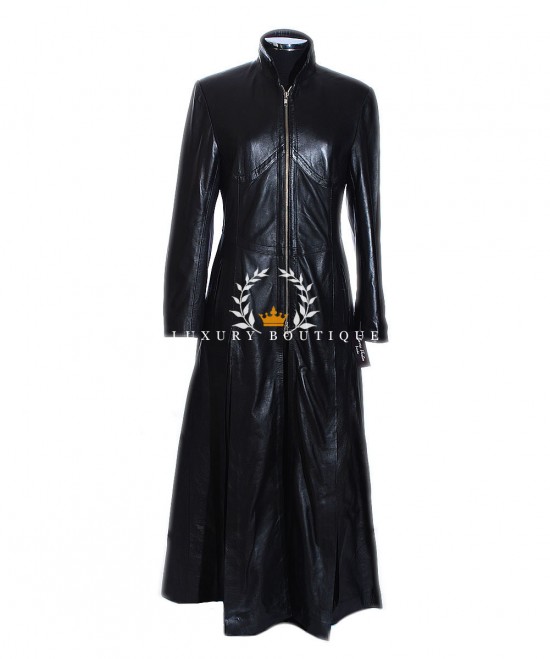 Trinity Matrix Black Ladies Smart Casual Full Length Real Lambskin Leather Movie Film Overcoat Long Flare Coat