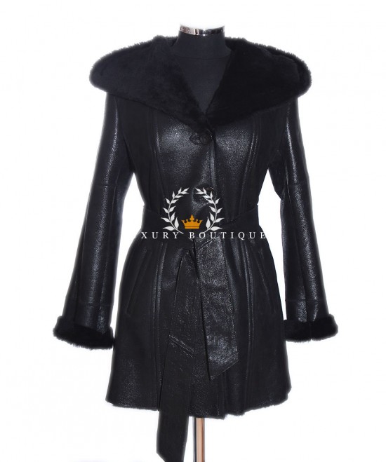 Alice Black Ladies Real Shearling Sheepskin Hooded Leather Trench Coat