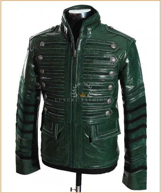 Heritage Green / Black Men's Steampunk Military Style Designer Gothic Real Vintage Cowhide Glazed Leather Parade Jacket