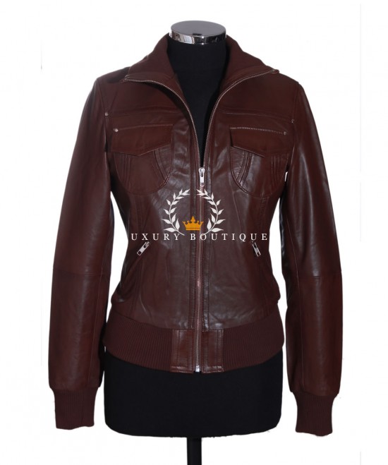 Jewel Brown Ladies Biker Style Bomber Designer Real Washed Lambskin Leather Winter Fashion Short Jacket