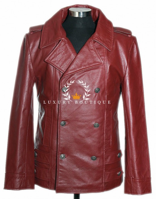 German Naval Maroon / Red Men's Military Style WW2 Double Breasted Real Cowhide Leather Winter Jacket Pea Coat