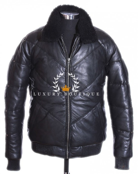 Ace Black Men's Puffer Detachable Fur Collar Real Italian Padded Washed Lambskin Leather Fashion Winter Jacket