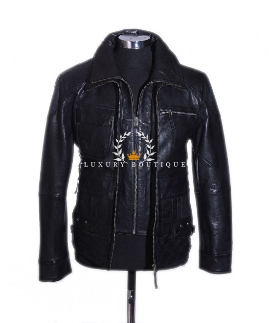 Henry Black Men's Safari Style Double Collar Classic Smart Vintage Real Soft Lambskin Leather Fashion Jacket