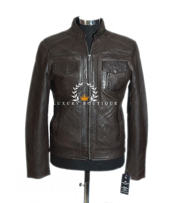 Lee Dark Brown Men's New Biker Style Retro Real Soft Washed Lambskin Leather Fashion Jacket