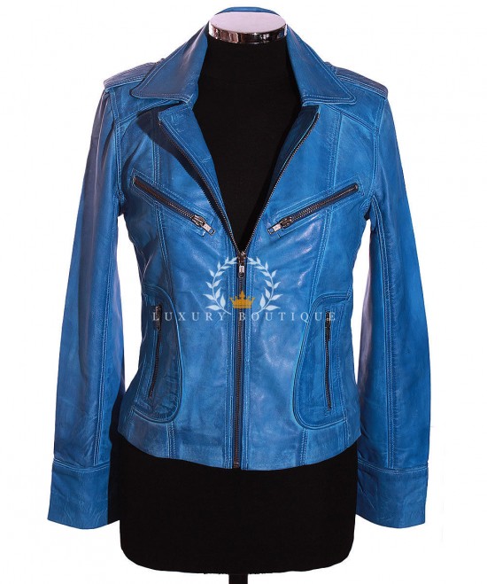 Kylie Sky Blue Ladies Smart Casual Biker Style Designer Retro Real Italian Washed Lambskin Leather Short Fashion Jacket